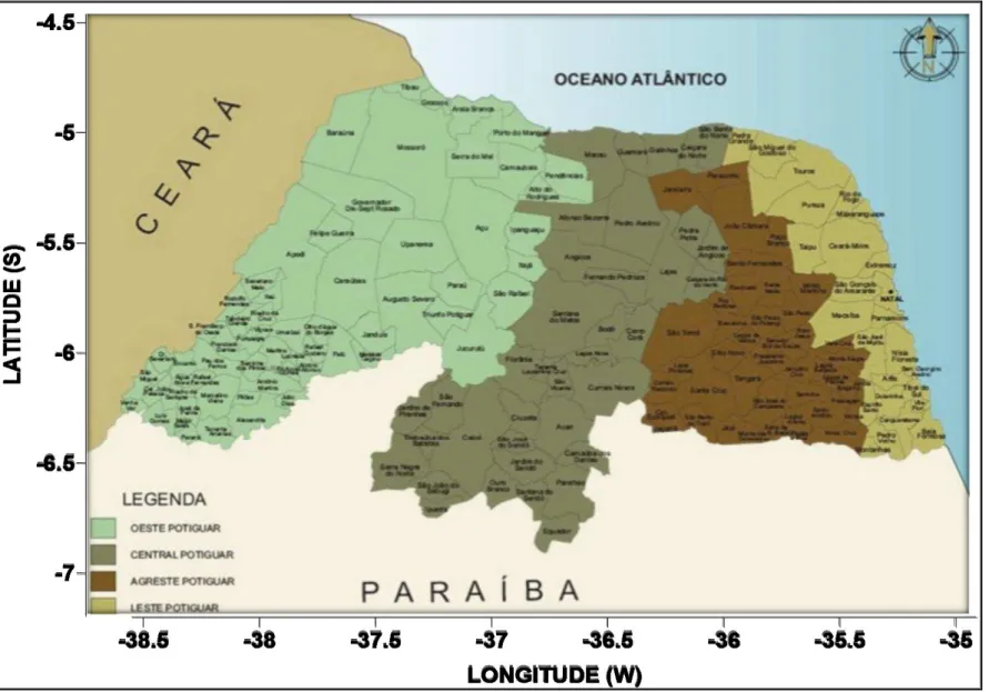 Figura 22 - Mapa das Mesorregiões geográficas do estado do Rio Grande do Norte.   Fonte: IBGE 2010, Adaptado