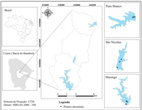 Figura 1 - Área de estudo e pontos amostrais na Bacia de Madalena, Ceará, Brasil 