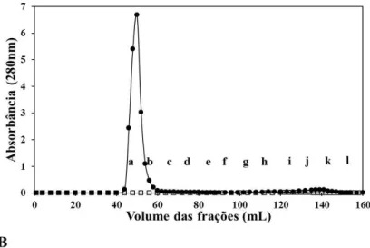 Figura 1.  Interação  entre proteínas do leite  e plasma seminal de bovinos.  (A) Perfil de eluição das  proteínas do leite e plasma seminal em cromatografia de filtração em gel na resina Sepharose CL-4B  (  ),  bem  como,  das  proteínas  do  plasma  sem