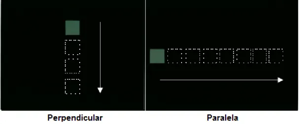 Fig. 3.4 – Frames utilizadas para análise da uniformidade na direção perpendicular (frame 1) e paralela à  direção de digitalização (frame 2) com orifícios tapados (a tracejado)
