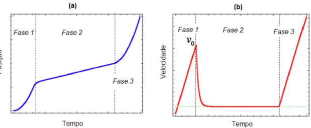 Figura 8 – (a) Gráfico do deslocamento da lâmina em função do tempo nas três fases. 