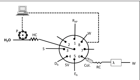 Figure  2.6.  Sequential  injection  manifold  for  preliminary  studies  in  the  spectrophotometric  determination  of  alkaline  phosphatase  activity:  P,  peristaltic  pump;  SV,  eight-port  selection  valve;  HC,  4.25  m  holding  coil;  S,  sample