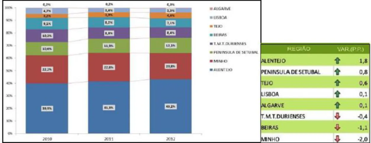 Figura 8: Evolução das quotas de mercado nacional em volume, por região  Fonte: Rúbio, (2013)