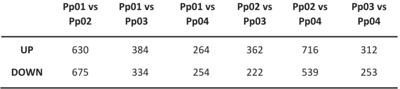 Table 4: Total number of differentially expressed tests (up and down) between each comparison 