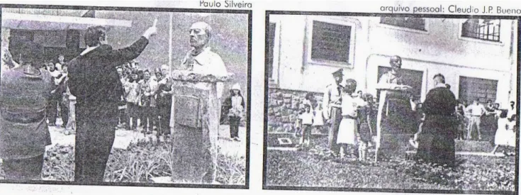 Figura 3.2 -- Dois momentos de comemoração de reforma da Praça da Matriz. A foto da esquerda  mostra o Padre Alberto Gambarine abençoando o busto de Padre Belchior de Pontes por ocasião da  inauguração da reforma de 2000