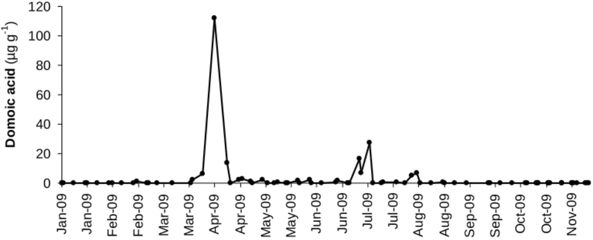 Fig.  4.2    Domoic  acid  concentration  (µg  g -1 )  in  the  digestive  gland  (median,  25  and  75  quartiles,  minimum and maximum, total  n = 32) of Octopus vulgaris in 4 sampling dates (23- Sep; 19 and 27-Oct  and  18  -Nov  2009)
