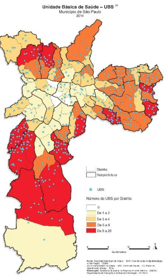 Figura 6: Mapa de distribuição das Unidades Básicas de Saúde no município de São Paulo  28                                                            