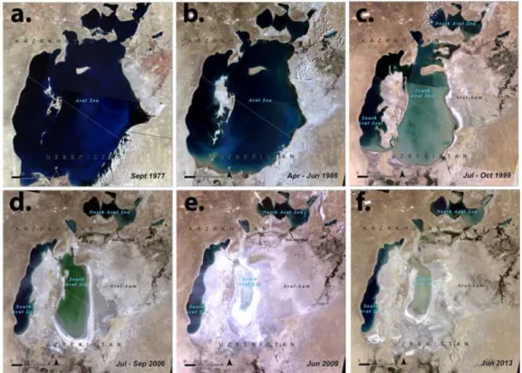 Figura 1.1: Imagem de satélite da superficie do Mar Aral em: a) Setembro 1977; b) Abril - -Junho 1986; c) Julho-Outubro 1999; d) Julho-Setembro 2006; e) -Junho 2009; f) -Junho 2013