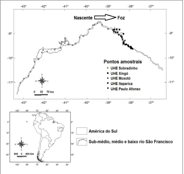 Fig  1.  Localização  geográfica  da  área  de  estudo  e  dos  pontos  amostrais  alocados  nas  UHE’s  dos  trechos  médio  (em  cinza)  e  sub -médio  e  baixo  (em  pretro)  do  rio  São  Francisco