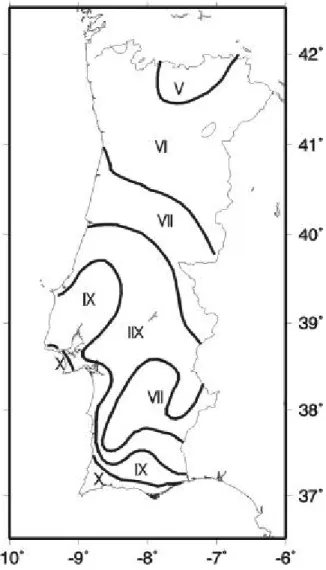 Figura 2. Carta de Intensidades máximas  registadas no território de Portugal  Continental (informação do Instituto de  Meteorologia www.meteo.pt )