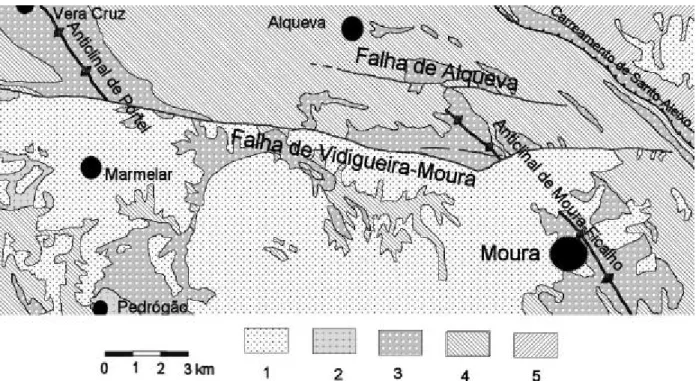 Fig. 1- Mapa geológico da região de Alqueva (adaptado da Carta Geológica de Portugal à escala  1/200.000, folha 8)