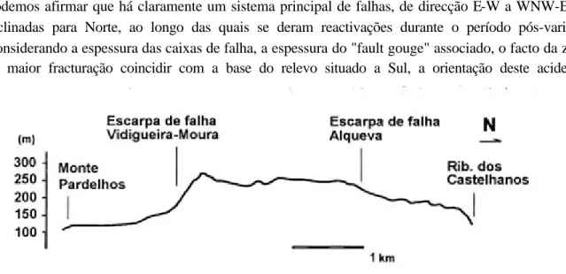 Fig. 3  – Perfil topográfico de traçado ondulado, ao longo dos interflúvios, de direcção N-S  (retirado de Silveira et al, 1997)