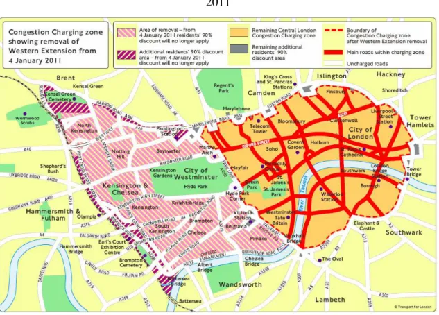 Figura 7  –  Área máxima de cobertura do Congestion Charging em Londres, removida em  2011 