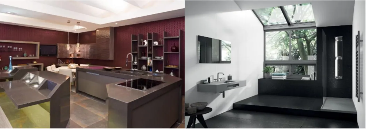 Figura 11 – Exemplos de aplicação das superfícies Silestone numa cozinha e numa casa de banho (Cosentino 2017c)