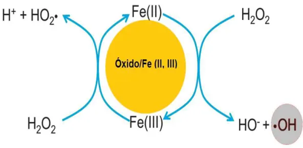 Figura 3.6 - Ilustração das reações de um sistema Fenton heterogêneo. 