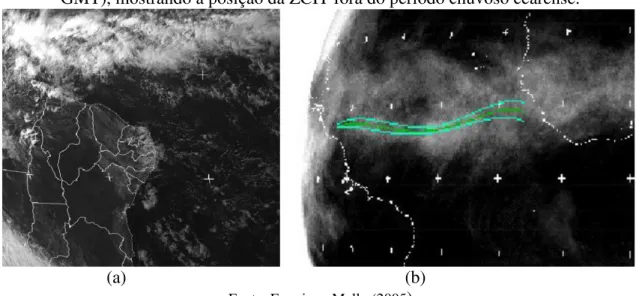 Figura 3 – (a) Nebulosidade associada à Zona de Convergência Intertropical (ZCIT) mostrada  através da imagem do satélite Meteosat-7 (canal visível - dia 21/03/2003 – 12:00 GMT) e (b)   Composição de imagens do satélite Meteosat-7 (canal infravermelho - 08