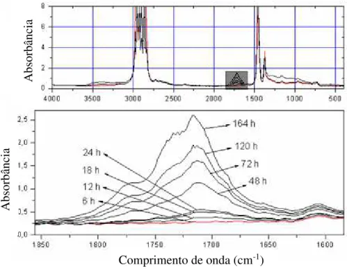 Figura 4.1 – Representação dos espectros de infravermelho do óleo oxidado em  diferentes tempos de oxidação a 100 °C, sob fluxo de O 2  de 1,0 L/h