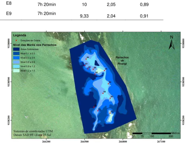 Figura 2: Mapa com níveis de maré do recife de Pirangi durante uma maré de sizígia. Os pontos E8 e 