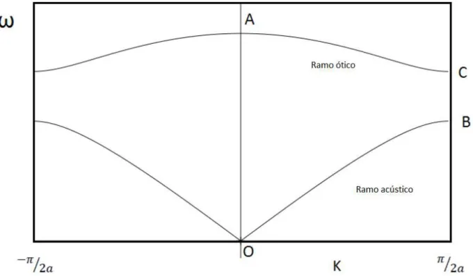 Figura 9: Ramo ótico e acústico da relação de dispersão para uma rede diatômica linear