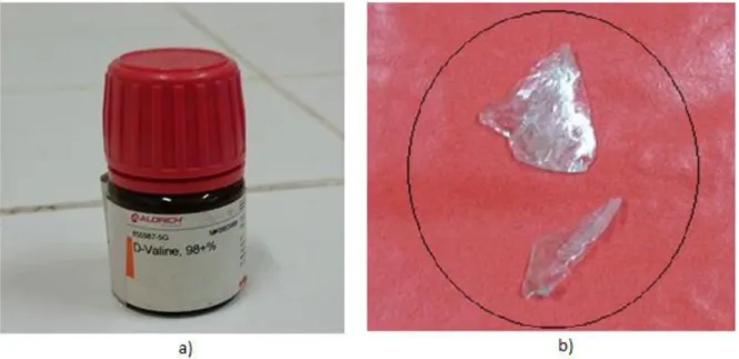 Figura  10:  a)  Material  usado,  fabricado  pela  empresa  Sigma-Aldrich  Corporation;  b)  Material  já  cristalizado