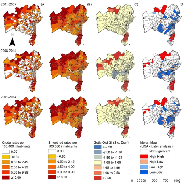 Figure 3. Spatiotemporal distribution of the overall new case detection rate of leprosy in &lt;15 year-olds by municipality, Bahia state, 2001–2014: (A) crude detection rates of new cases of leprosy (per 100,000 inhabitants); (B) Bayesian-smoothed detectio