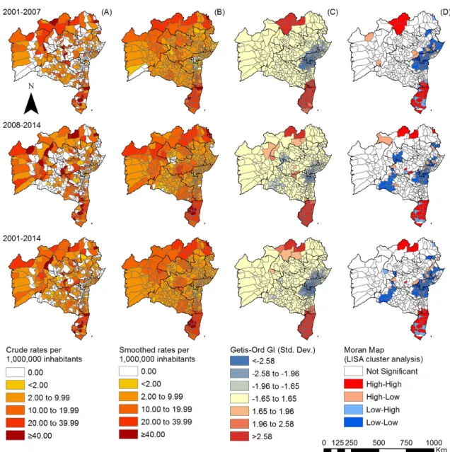 Figure 4. Spatiotemporal distribution of G2D per million people by municipality, Bahia state, 2001–2014: