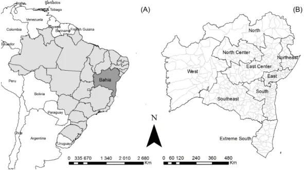 Figure 1. Study area: (A) location of the Bahia state; (B) Bahia state with its nine regions and 417 municipalities.