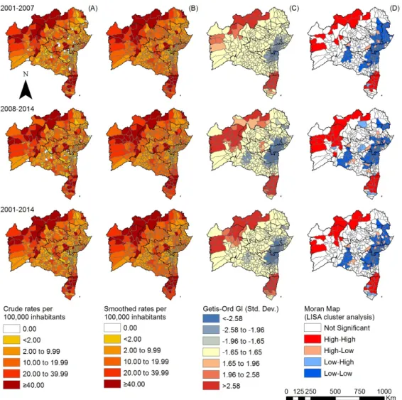 Figure 2. Spatiotemporal distribution of the overall new case detection rate of leprosy by municipality, Bahia state, 2001–2014: (A) crude detection rates (per 100,000 inhabitants); (B) Bayesian-smoothed detection rate (per 100,000 inhabitants); (C) hot-sp