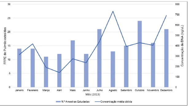 Figura 3.9. Rendimento da extração de DNA em amostras FFPE de CPNPC ao longo do ano de 2013
