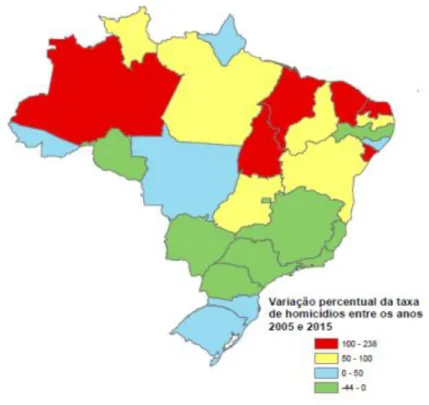 Figura 01  –  Variação nas taxas de homicídios por Unidade da Federação  –  Brasil 2005 a  2015 