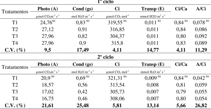 Tabela  5  -  Valores  médios  da  fotossíntese  líquida  (A),  condutância  estomática  (gs),  concentração  de  CO 2   na  câmara  subestomática  (Ci),  taxa  de  transpiração  (E),  razão  entre  a  concentração de CO 2  na câmara subestomática e a conc
