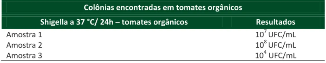 Tabela 3 - Colônias encontradas em tomates orgânicos 