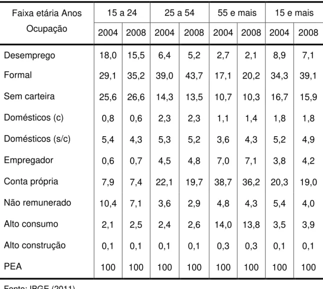 Tabela 12  –  Absorção da PEA (%)  –  por faixa etária (2004 a 2008) 