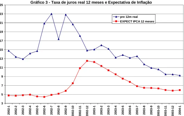 Gráfico 3 - Taxa de juros real 12 meses e Expectativa de Inflação 35791113151719212325 2002-1 2002-2 2002-3 2002-4 2002-5 2002-6 2002-7 2002-8 2002-9 2002-10 2002-11 2002-12 2003-1 2003-2 2003-3 2003-4 2003-5 2003-6 2003-7 2003-8 2003-9 2003-10 2003-11 200