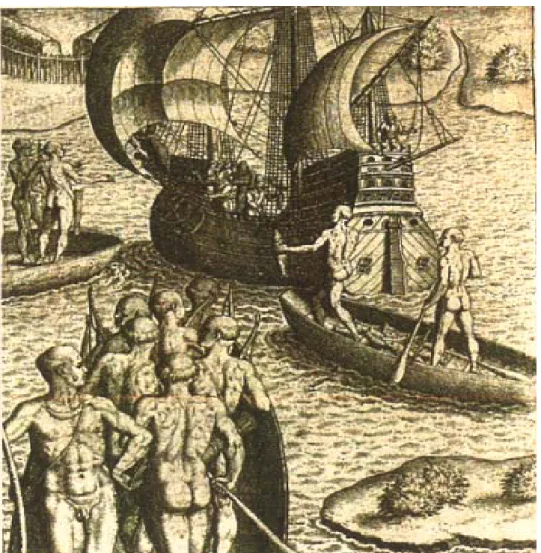 Figura 1: Dois mundos se encontram: o encontro dos europeus e os índios brasileiros, Theodore de Bry, 1592