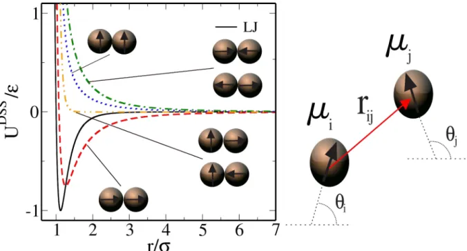 Figure 1.5: Total DSS pair potential for diﬀerent conﬁgurations as a function of the interparticle separation