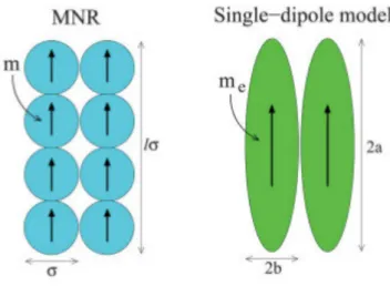 Figure 1.8: Two possible approaches to simulate nanorods: (a) MNR approach, where each particle has a diameter σ and dipole moment m, the lenght of each rod is lσ