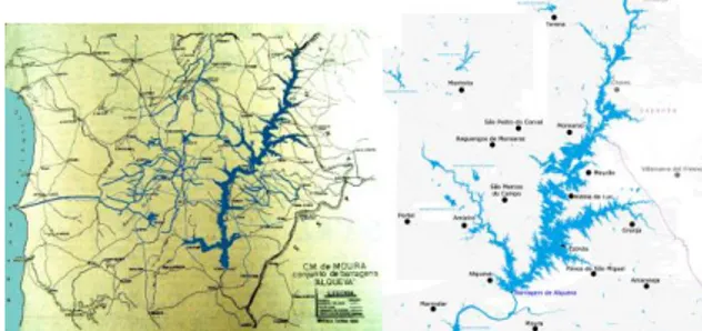 Figura  1  -  À  esquerda:  Mapa  da  região  sul  de  Portugal  antes  da  construção  da  barragem
