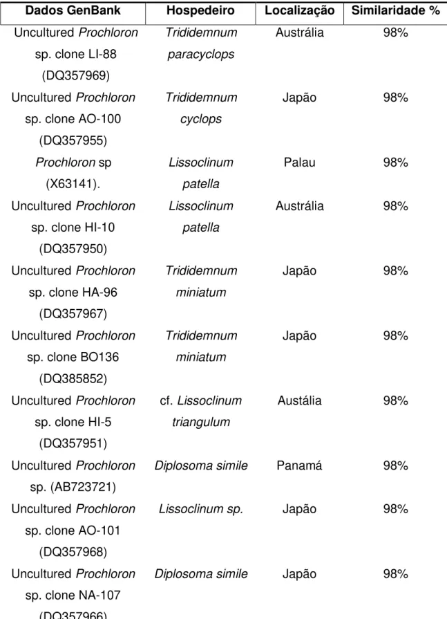 Tabela 1 – Resultado da comparação dos dados do GenBank com a sequência obtida pelo presente  estudo, para o organismo simbionte da ascídia Cystodytes sp