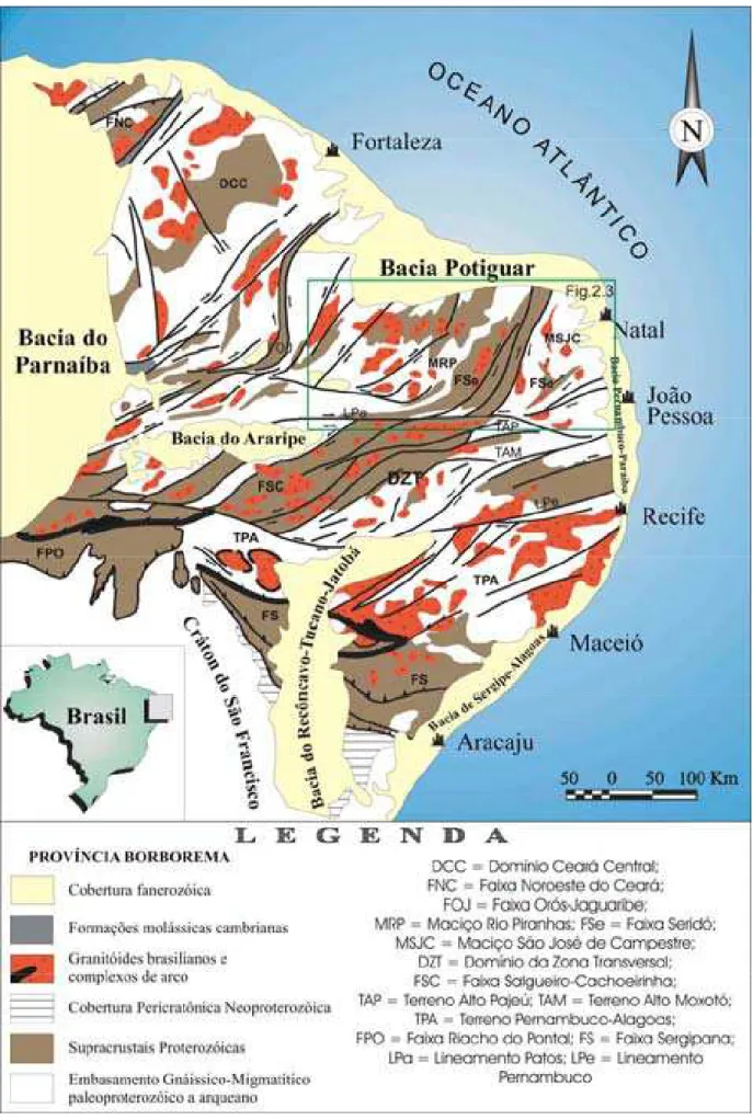 Figura 2.2 - Mapa geológico simplificado, mostrando o arcabouço tectono-estratigráfico da