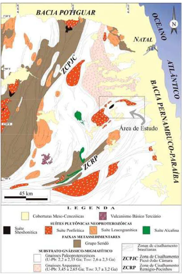 Figura 2.4 - Mapa geológico simplificado do Maciço São José de Campestre, com detalhe da