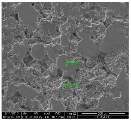 Figura 14 –  Micrografia Eletrônica de Varredura (MEV) da liga Fe-Ni sinterizada, sem ataque, com  ampliação de 500x, indicando as áreas pontualmente analisadas.