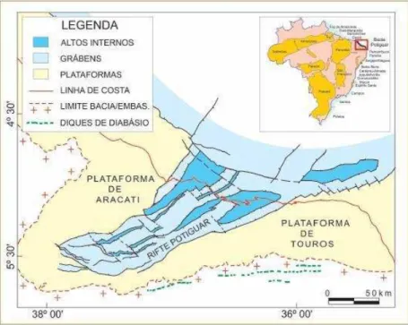 Figura  2.1:  Esboço  geológico,  tectônico  e  limites  aproximados  da  Bacia  Potiguar,  NE  do  Brasil 