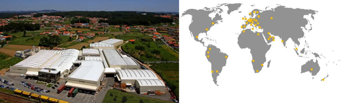 Figura 1 - Instalações da Bi-silque S.A. em Esmoriz e distribuição mundial das áreas de atividade da empresa  (fonte: (Bi-silque 2015) consultado em 19/11/2015) 