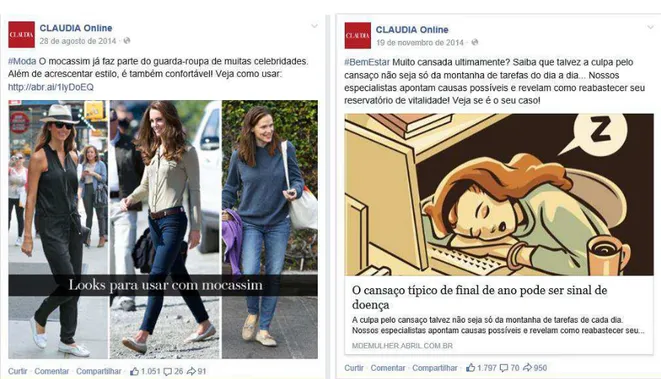Figura 01 – Postagens na fanpage Claudia online, em agosto de 2014 e novembro de 2014 