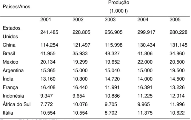 Tabela 01. Principais países produtores de milho entre 2001  –  2005. 