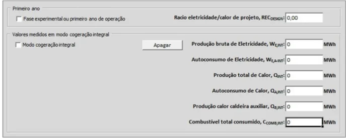 Figura 4.5 - Informações necessárias para o caso de primeiro ano de funcionamento e funcionamento em modo  cogeração integral na folha “Produção”