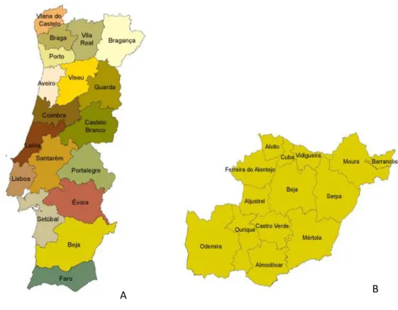 Figura 0.2. A- Mapa de Portugal onde se evidenciam os diferentes distritos. B- 14 concelhos pertencentes ao Distrito de  Beja