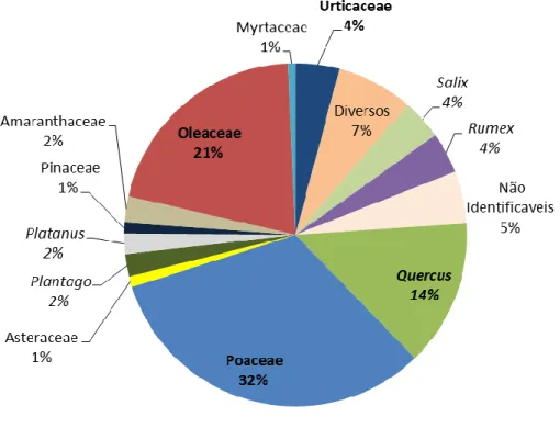 Figura 1.3. Representação em percentagem dos tipos polínicos analisados durante o ano de 2012