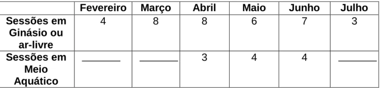 Tabela VIII – Número de sessões realizadas mensalmente; 